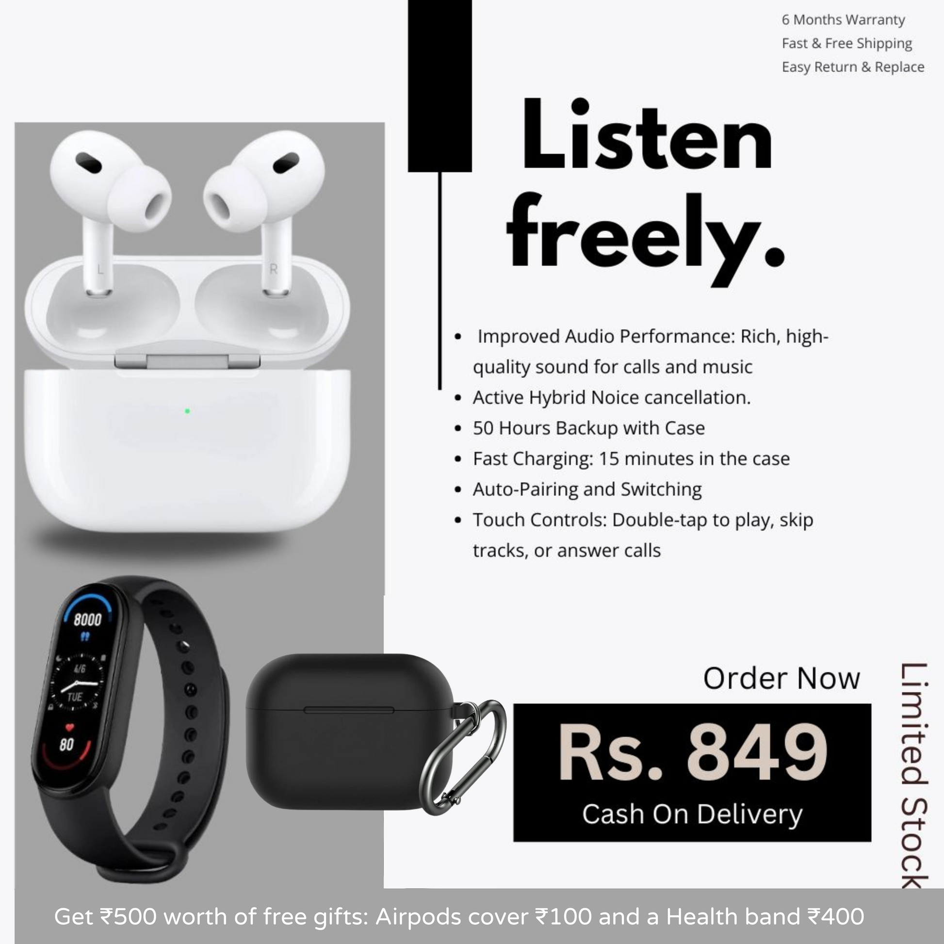 Apple Airpods (ANC) (6 Months Replace Warranty) + Fit Band & Silicon Cover FREE - Tech Tribes